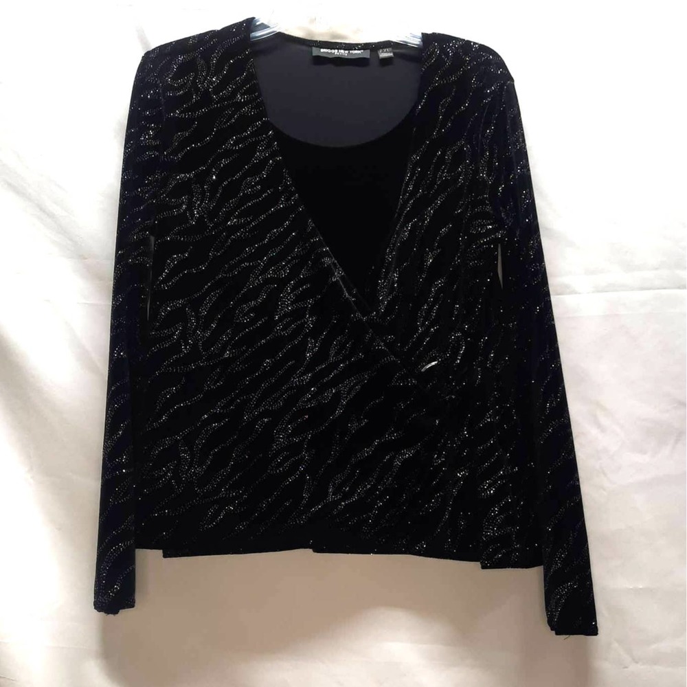 Briggs New York Black Velour Silver glitter Y2K long sleeve Faux Wrap top PXL